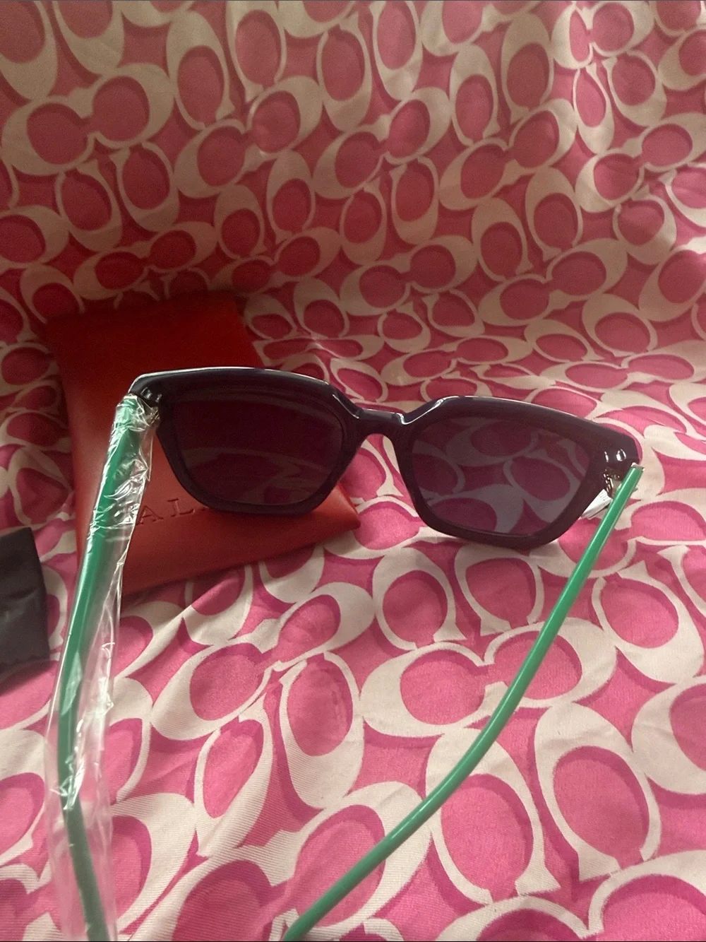 Talbots Red Leather Sunglasses Case with Black Sunglasses in Packaging